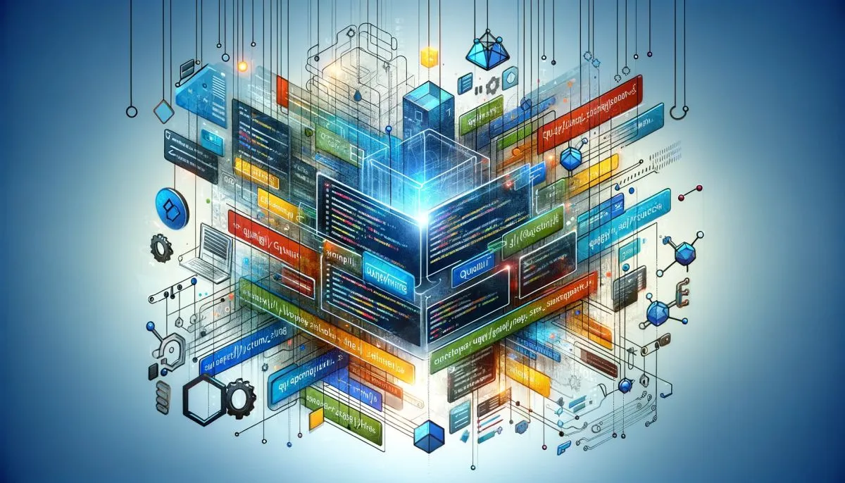 An abstract, conceptual banner image representing building query strings in ASP NET Core Incorporate elements of code snippets, URLs, and query param