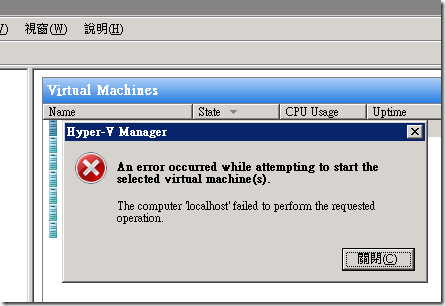 Hyper-V Manager: An error occurred while attempting to start the selected virtual machine(s). The computer 'localhost' failed to perform the requested operation. Hyper-V Manager: An error occurred while attempting to start the selected virtual machine(s). The computer 'localhost' failed to perform the requested operation.