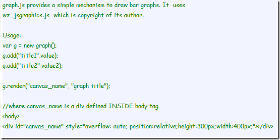 graph.js provides a simple mechanism to draw bar graphs. It  uses wz_jsgraphics.js  which is copyright of its author. 