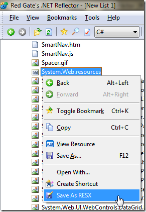 Red Gate's .NET Reflector :: Save As RESX ( 將 .resources 資源檔儲存成 *.resx 檔 )