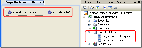 接著，Visual Studio 就會幫你建立一個 ProjectInstaller.cs 類別 ( 繼承自 Installer 類別 )，並自動新增兩個與 Windows 服務安裝有關的控制項，方便你直接設定。