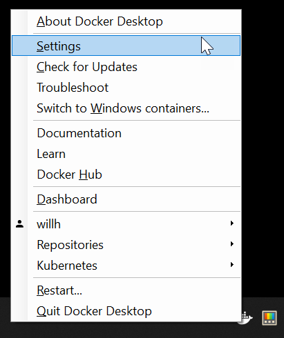 開啟 Docker Desktop for Windows 的 Settings 設定視窗