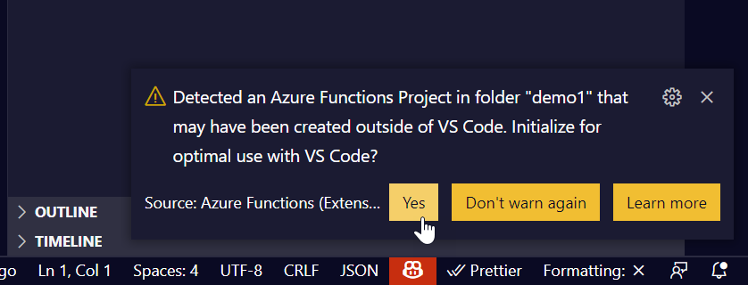 初始化開發 Azure Functions 所需的編輯器環境