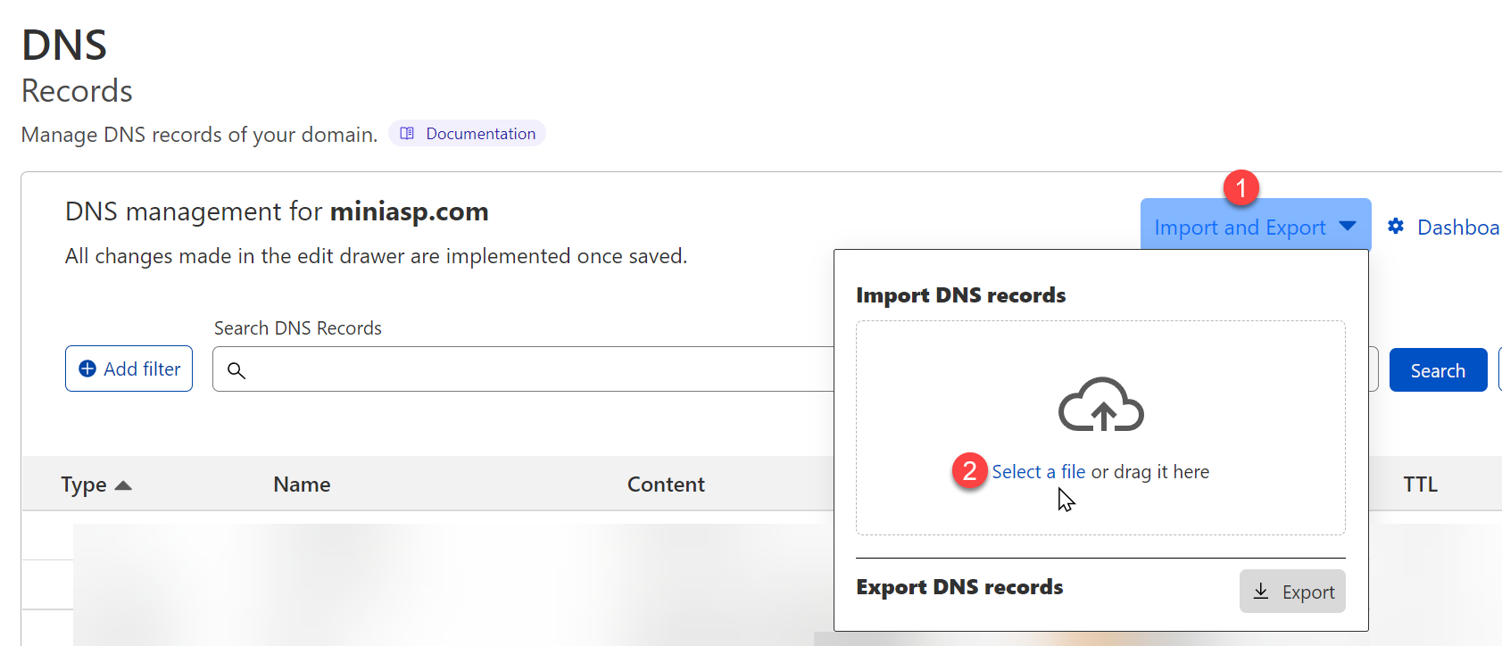 Cloudflare > DNS > Import DNS records