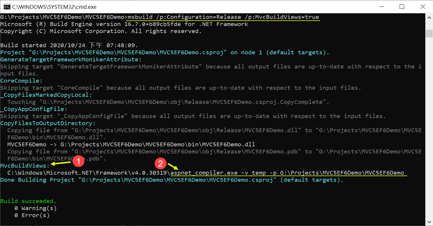 msbuild /p:Configuration=Release /p:MvcBuildViews=true
