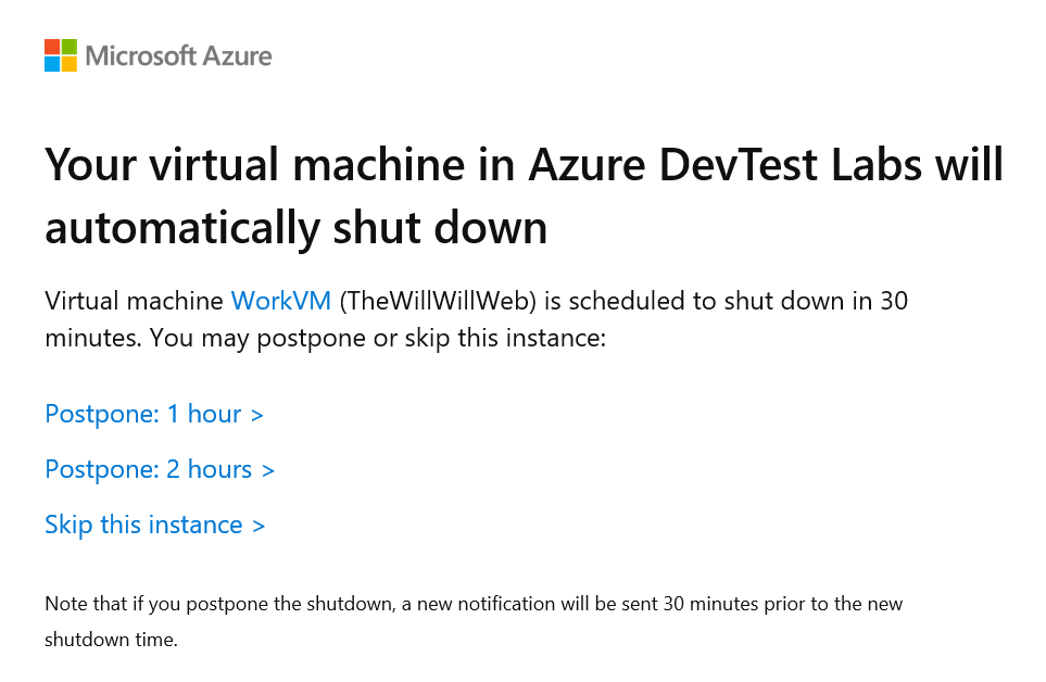 自動關機 (Auto-Shutdown) 30 分鐘前的通知信內容