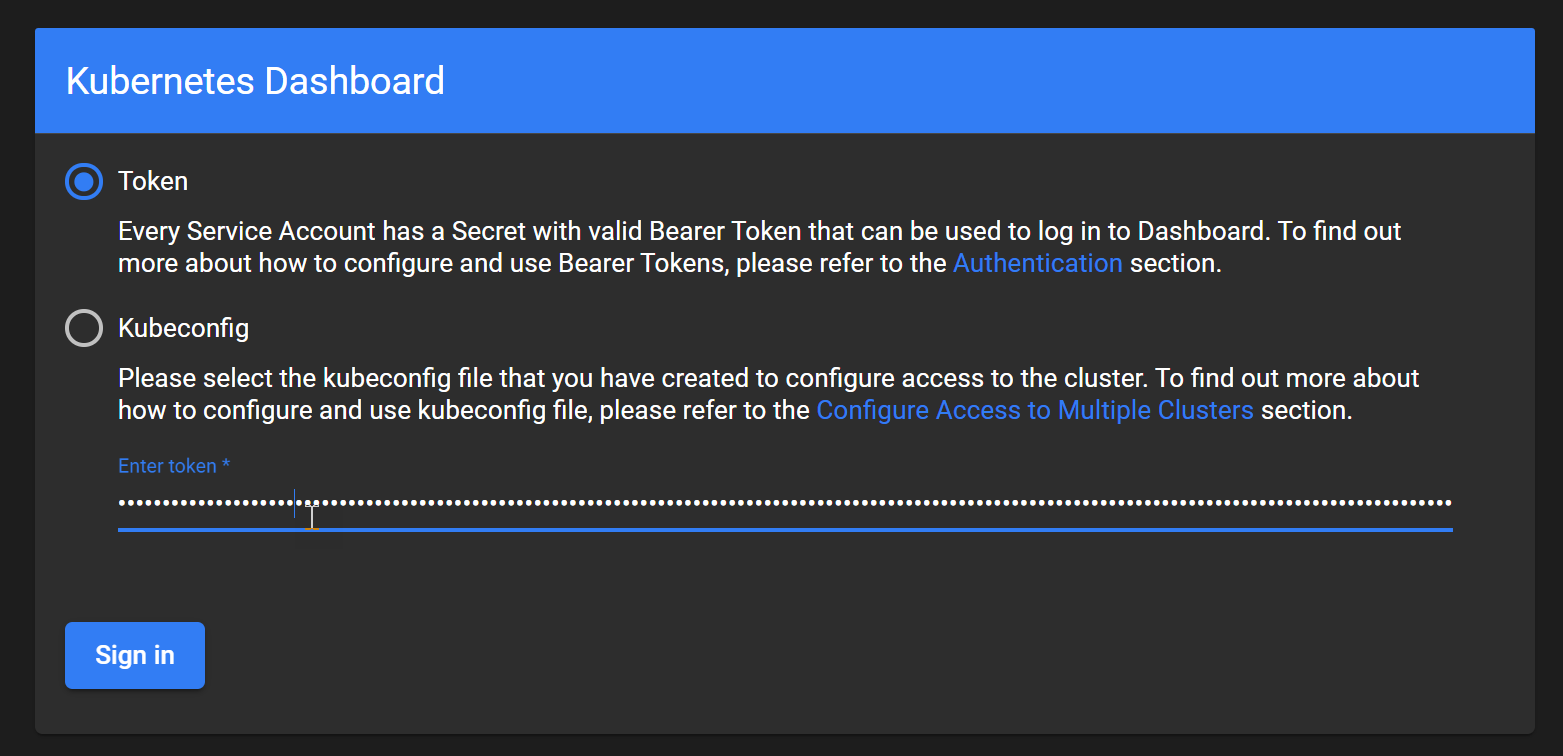 連接到 Kubernetes Dashboard 登入頁面並輸入 Token