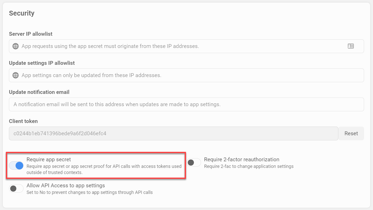 Meta for Developers > Settings > Advanced > Security > Require app secret