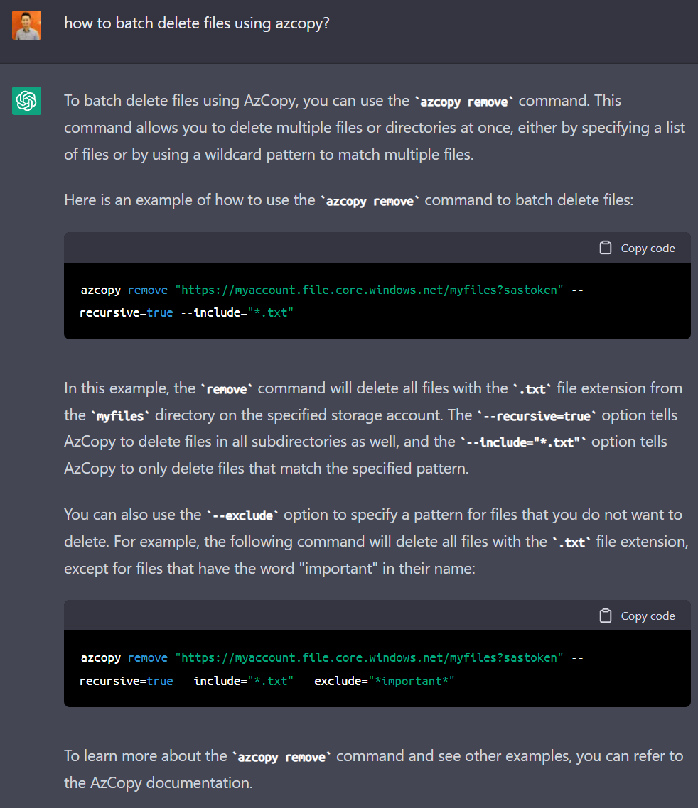 how to batch delete files using azcopy? -- ChatGPT
