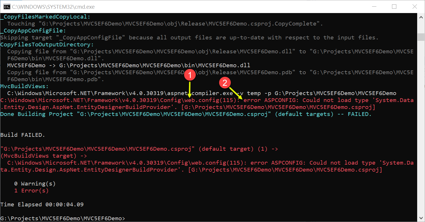 C:\Windows\Microsoft.NET\Framework\v4.0.30319\Config\web.config(115): error ASPCONFIG: Could not load type 'System.Data.Entity.Design.AspNet.EntityDesignerBuildProvider'.