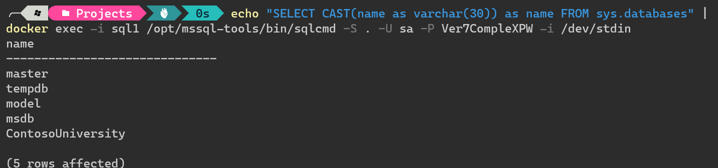 echo "SELECT CAST(name as varchar(30)) as name FROM sys.databases" | docker exec -i sql1 /opt/mssql-tools/bin/sqlcmd -S . -U sa -P Ver7CompleXPW -i /dev/stdin