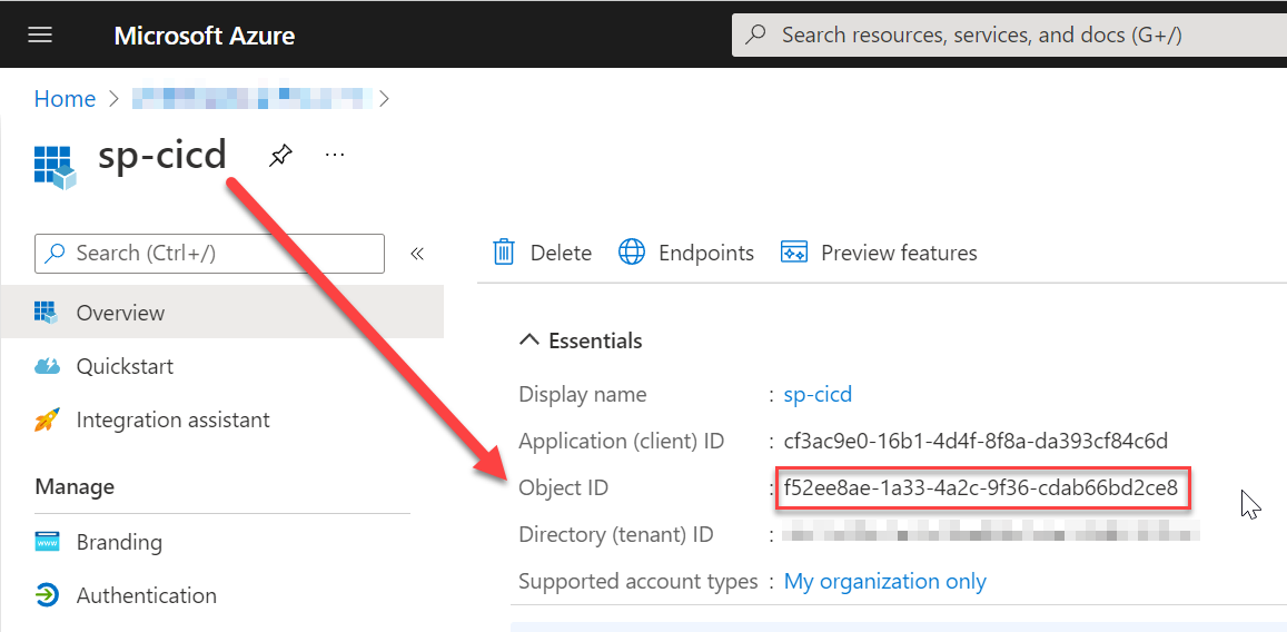 App registrations > Object ID